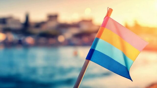 Vibrant Pansexual Flag Waves Gently by the Water at Sunset.