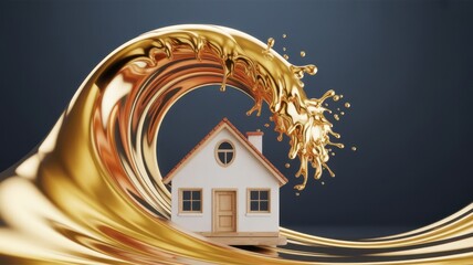 Surreal house engulfed by a golden wave of liquid.