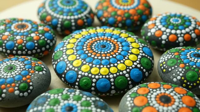 Colorful Mandala Rocks Painted With Dots Art Designs On Gray Stones