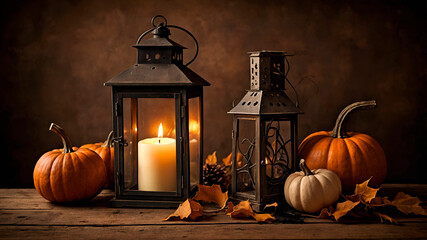 Rustic Halloween still life with pumpkins, lantern and autumn leaves in vintage sepia tones, nostalgic mood.