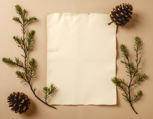 Holiday flat lay with blank rustic paper framed by evergreen branches and pinecones on a beige background. Perfect for a Christmas or seasonal mockup.