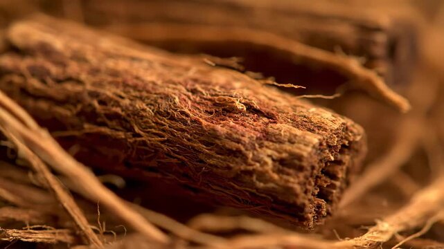 Close-Up View of Textured Natural Tree Bark and Brown Wood Fibers