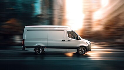 Fototapeta premium Side view of a white commercial cargo vehicle speeding down a city street with motion blur