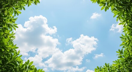 Obraz premium Vibrant green leaves frame a bright blue sky filled with fluffy white clouds