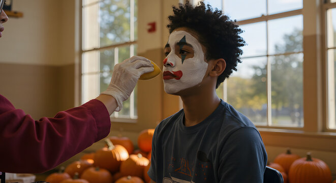 Teen boy receiving clown face paint at a pumpkin patch indoors  