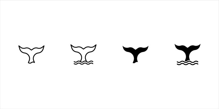 Whale tail with waves icon set. Dolphin, orca, beluga or another marine mammal sign. Black cetacean animal fin silhouette isolated on white background. Ocean beast symbol. Vector graphic illustration.