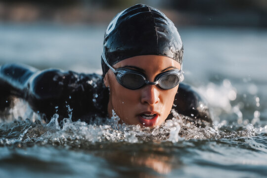 Determined athlete swimming freestyle in open water, pushing limits during intense triathlon training, embodying strength and endurance for a healthy lifestyle, swim competition