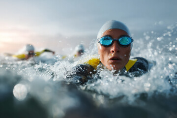 Determined swimmer powering through ocean waves during triathlon training, feeling the energy and pushing limits, competitive spirit for fitness and endurance challenge