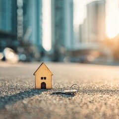 Miniature house with a key on asphalt, blurred city backdrop, sunny daylight