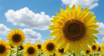 Fototapeta premium Vibrant sunflower field under a bright blue sky with fluffy white clouds