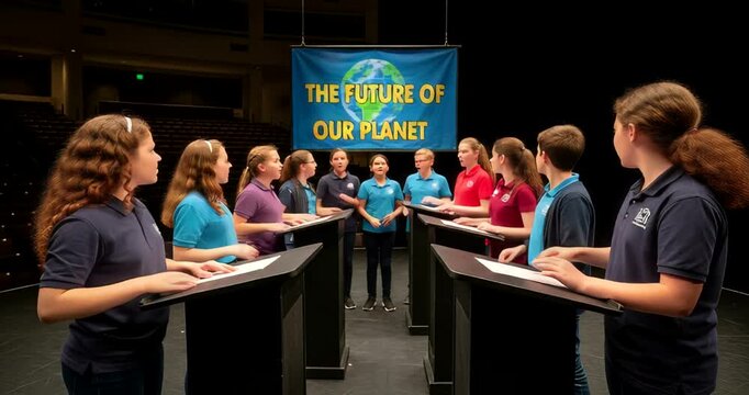 Youth performers passionately engage in a debate about environmental issues