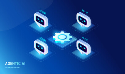 Agentic AI workflow diagram with multi agent system connected - isometric technology infographic vector