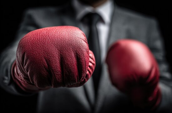 A suited individual, their raised fists clad in red boxing gloves, suggests a combative stance