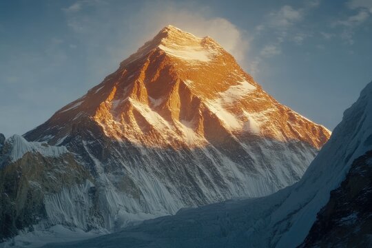 Majestic mountain peak bathed in golden sunrise light. Snow-capped slopes, dramatic rocky face - Powered by Adobe