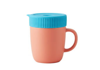 Isolated peach-colored drinking cup with blue lid, easy-grip handle, for toddlers and children