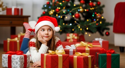Cute girl in Santa hat lying on floor surrounded by Christmas presents, decorated tree with ornaments and lights in background, festive holiday season portrait full of joy, wonder and celebration