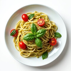 Plate of spaghetti pasta with pesto sauce and fresh basil leaves. Cherry tomatoes garnish this delicious Italian meal. Appetizing food presentation.