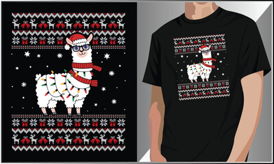 Alpaca Christmas T-Shirt Design Sweater, Funny Christmas Holiday Llama Winter Illustration, Merry Christmas Alpaca Lover Design, Alpaca in Red Santa Claus Hat Illustration. © A.H.S Global