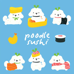 Adorable fluffy poodles dressed as sushi pieces, blending cuteness with food in a playful illustration.