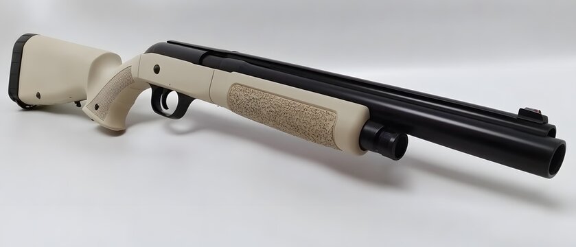 Tactical Shotgun Closeup Beige Black Stock Pump Action