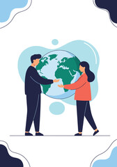 Two people holding hands around the globe in a gesture of global unity and environmental stewardship.