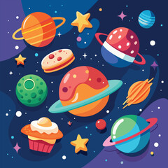Fototapeta premium Cartoon Planets Space Theme Vector Illustration - Whimsical Cosmic Background