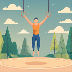 Male gymnast on rings &mdash; flat vector illustration