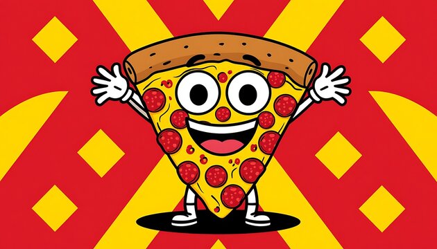 Cheerful pepperoni pizza slice cartoon character smiling and waving with arms raised, creating a fun, inviting feeling