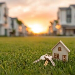 Miniature house & keys on grass, blurred houses & sunset in background