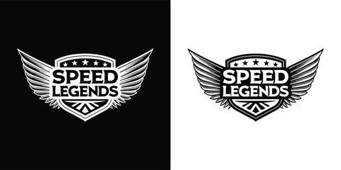 Shield emblem with wings and text speed legends, representing speed and achievement, black and white design