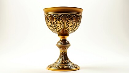 Golden ornate goblet on pedestal with intricate carvings stands on white surface. This ancient chalice symbolises wealth, royalty, and holy ritualistic drinkware.