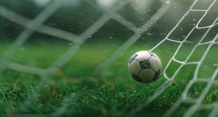 A soccer ball nestles in a goal net, with blades of grass blurred in the background