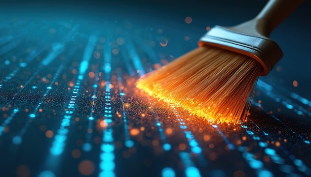 An illustration visualizes data cleaning with a brush. Digital brush cleans binary code. Tech cleaning concept. Modern data processing abstract, shows data security information.