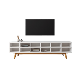 White media console with multiple open shelves and a black flatscreen television mounted above, isolated on transparent background