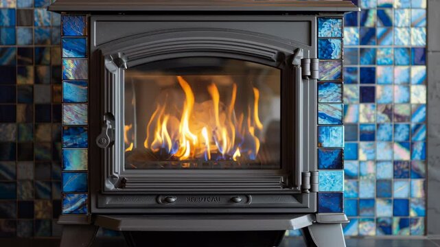 Modern Blue fireplace with sleek stylish design. Black metal chimney, stone base. Contemporary living room space gray walls. Minimalist ambiance. Interior of house. Gas hearth with burning fire flame