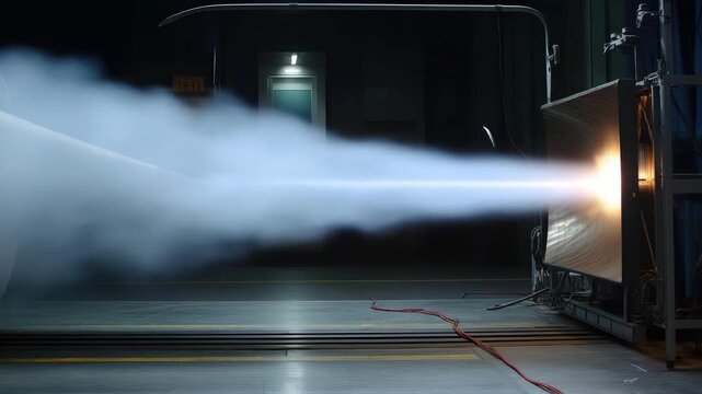 A powerful jet engine emits stunning flames and smoke, captured during a rigorous testing phase, highlighting engineering precision and the power of aerospace technology.