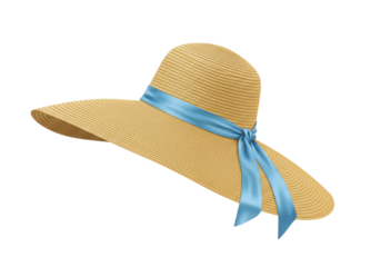 Isolated broad-brimmed straw hat with blue ribbon—fashionable women's sun accessory for summer vacation
