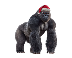 Intense gorilla monster portrait wearing funny santa hat for christmas holiday. strong, powerful animal character with red eye, isolated for festive concept