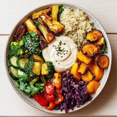 A colorful plate of food with a variety of vegetables and grains. The plate is full of different colors and textures, making it look appetizing and healthy