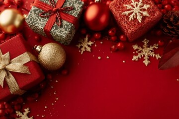 Holiday Ornament Arrangement Top view of artisanal gift boxes, chic tree embellishments, red and gold balls, glimmering star, snowflakes, mistletoe berries on red surface, ready for your festive text