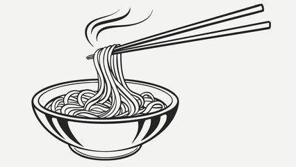 Illustration of a bowl filled with noodles being lifted by chopsticks with steam rising above it created with generated ai