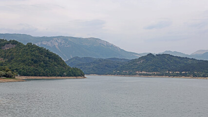 Panoramic photo of Jablanica Lake in the Neretva Valley, with the Dinaric Alps in the background, Bosnia and Herzegovina.