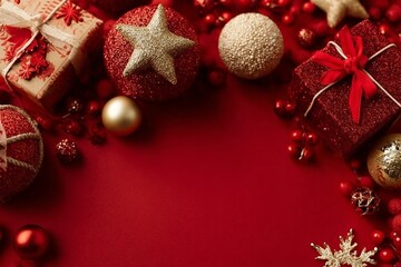 Holiday Ornament Arrangement Top view of artisanal gift boxes, chic tree embellishments, red and gold balls, glimmering star, snowflakes, mistletoe berries on red surface, ready for your festive text