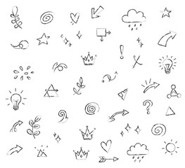 Creative Hand Sketched Icons Collection with Fun Arrows, Decorative Crowns, Stars, Light Bulbs, Hearts, Clouds, Leaves, Spirals, Sparkles, and Abstract Symbols for Artistic Design Projects
