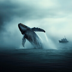 A whale is leaping out of the water, with a boat in the background. Scene is one of awe and wonder, as the majestic creature takes flight