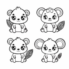 Fototapeta premium Cute cartoon beavers sitting and smiling with their tails showing in a simple line art style for coloring pages, creating a playful and cheerful mood.
