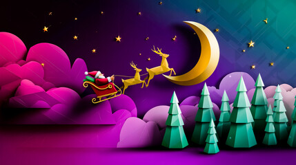 A santa claus flying in a sleigh with a reindeer and a moon in the sky