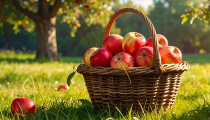 A Basket Full of Apples in an Orchard on a Sunny Day