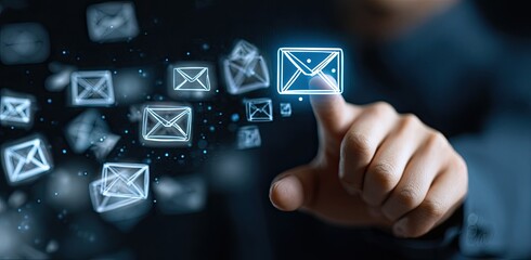 A hand touching a glowing envelope icon, other email icons float on a dark background