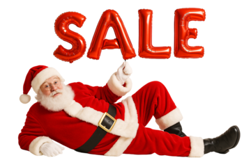 Santa Claus pointing at red “SALE” sign on a transparent background. Discounts. Advertising campaign.